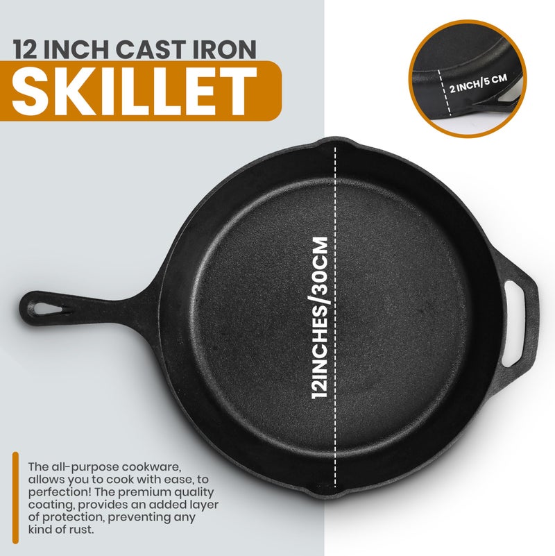 Utopia Kitchen Saute Frying Pan 12 Inch, Cast Iron Chefs Pan, Pre Seasoned Cast iron Skillet With Lid, Safe Grill Cookware for Indoor & Outdoor Use, Black - Image 2